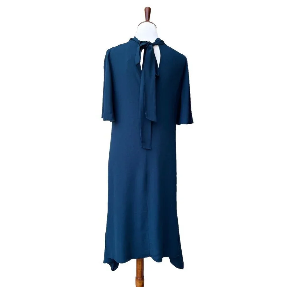 Lewit Women Green Scarab Mock Neck Back Tie Elbow Sleeve Rippling Dress Size 10 - Picture 13 of 16